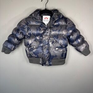 Appaman Mini Kids Camo Puffer Jacket Metallic Blue Grey Down Fill Hooded 18-24M